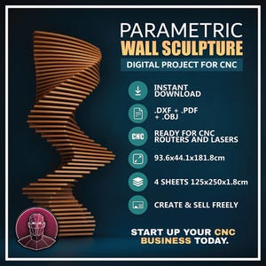 Puede incluir: Diseño de escultura mural paramétrica para routers y láseres CNC. La imagen muestra una escultura de madera en espiral, con dimensiones de 93,6 cm x 44,1 cm x 181,8 cm. El diseño está disponible para descarga instantánea en formatos .DXF, .PDF y .OBJ.