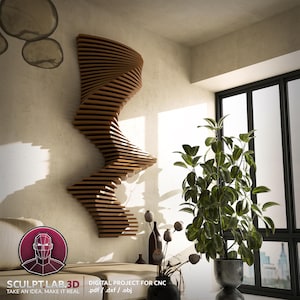 May include: A wooden, abstract wall sculpture with a spiral design. The sculpture is made of horizontal wooden slats and is mounted on a beige wall. The image also includes a potted plant and the text "SCULPT LAB 3D".