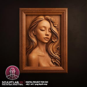 Floral Woman Portrait 3D Relief STL for CNC, Classical Flower Wall Art Depth Map OBJ