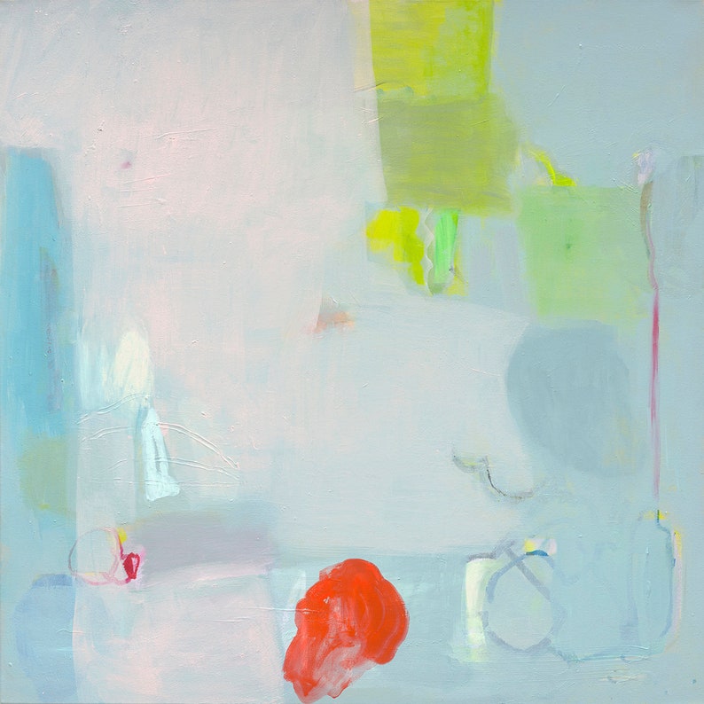May include: Abstract painting with a light blue background and various shapes in shades of blue, green, yellow, and pink. A single red shape is in the lower center of the painting.