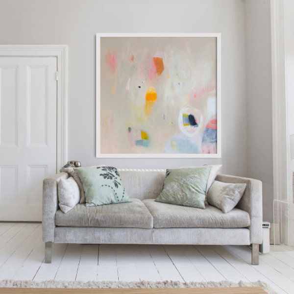 large cream PRINT of ABSTRACT  PAINTING with light blue and pink  "Out of Her Loop 5"