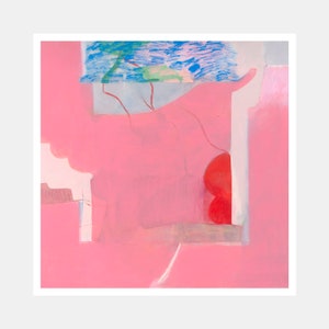 May include: Abstract painting with a pink background and a blue and green section at the top. There are two red circles in the bottom right corner.