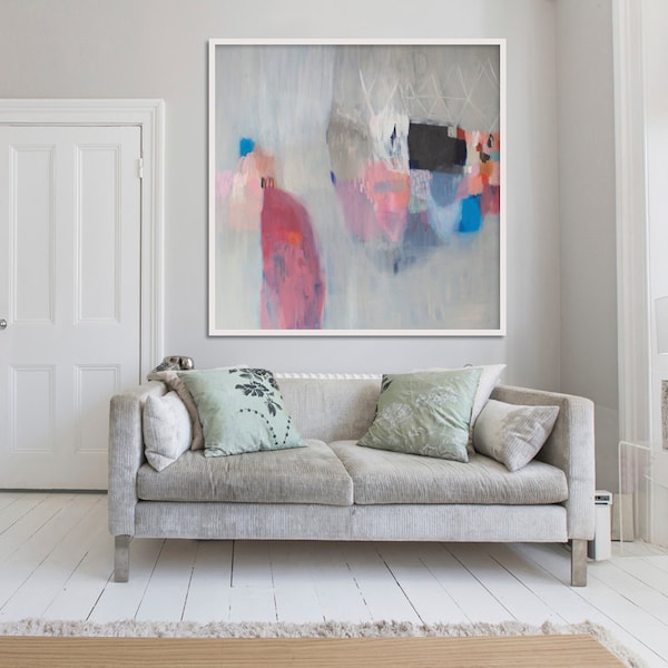 duży abstrakcyjny wydruk malarski, DRUK Giclée, szary, różowy, niebieski, „Ołowiany diament”