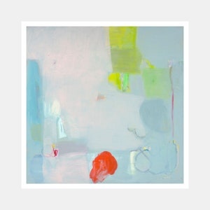 May include: Abstract painting with a light blue background and shapes in shades of green, yellow, pink, and red.