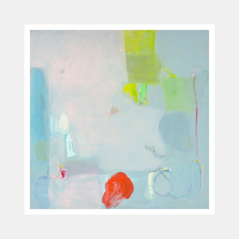 May include: Abstract painting with a light blue background and shapes in shades of green, yellow, pink, and red.