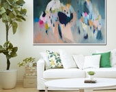 large green ABSTRACT GICLÉE  PRINT of Painting with light blue and pink  "Shimmer Shimmer 3"