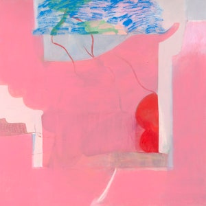 May include: Abstract painting with a pink background and red circles. The painting has a layered look with white and blue shapes.