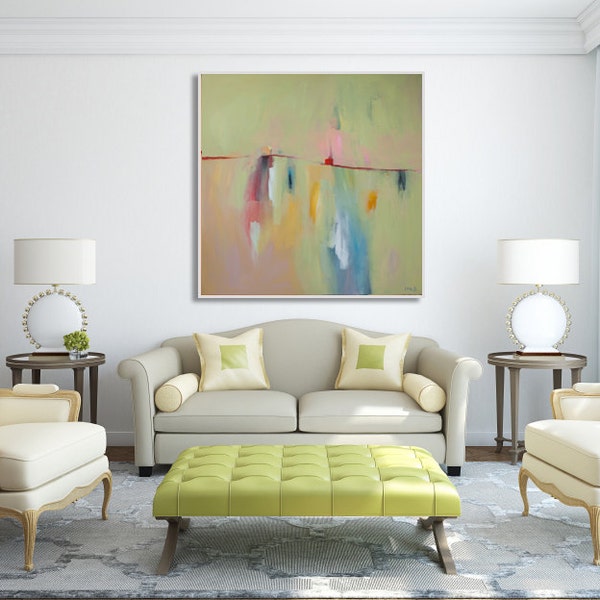 Large yellow painting, blue, pink painting, modern painting, expressionist painting