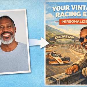 May include: A digitally altered image shows a man smiling next to a vintage racing poster. The poster reads "YOUR VINTAGE RACING ERA PERSONALIZED!" and depicts a race car on a track with the Dunlop logo.