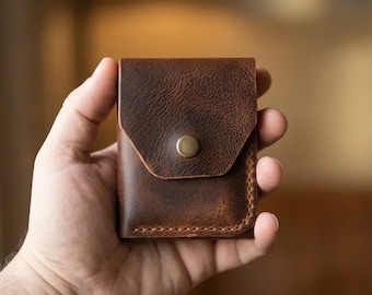 Leren geldportemonnee, slanke kaart- en geldhouder, handgemaakte minimalistische portemonnee, voorvak, klepportemonnee, gepersonaliseerde portemonnee, dagelijkse portemonnee