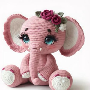Puede incluir: Un elefante rosa hecho a mano con grandes ojos azules, largas pestañas y una corona floral. El elefante tiene orejas grandes con forro interior blanco y está sentado con las piernas y la trompa extendidas. Los pies y la parte inferior del cuerpo del elefante tienen un diseño de corazón blanco.