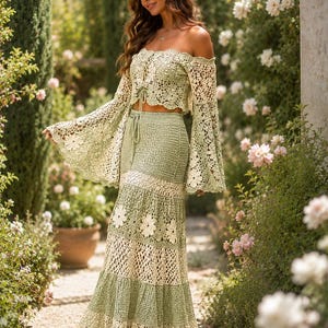 K&ouml;nnte beinhalten: Ein zweiteiliges H&auml;kel-Outfit in einem sanften Gr&uuml;nton. Das schulterfreie Oberteil hat lange, ausgestellte &Auml;rmel, und der Rock hat ein gestuftes Design mit floralen Akzenten. Das Outfit ist aus zarter, offen gewebter H&auml;kelarbeit gefertigt.