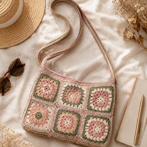 May include: A handmade crochet shoulder bag with a patchwork design. The bag features squares in shades of pink, green, and cream, with a matching strap. A straw hat and sunglasses are visible in the background, suggesting a summer theme.