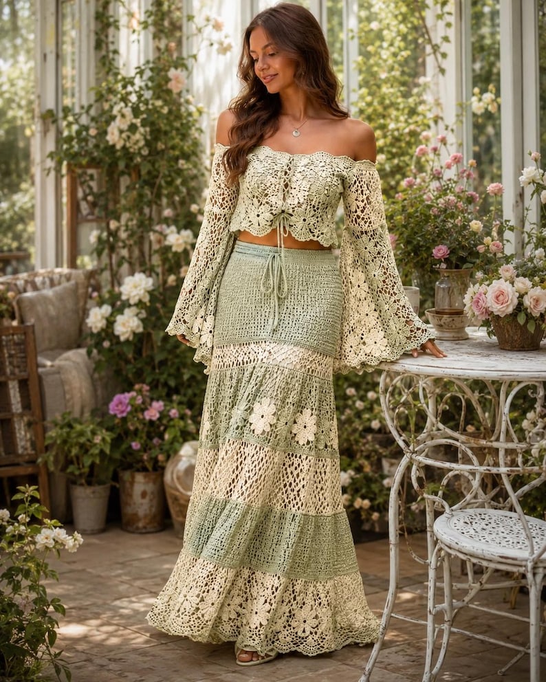 K&ouml;nnte beinhalten: Zweiteiliges H&auml;kel-Outfit in Creme und Salbeigr&uuml;n. Das schulterfreie Oberteil hat lange Glocken&auml;rmel und einen Kordelzug. Der Maxirock hat florale Details. Das Outfit wird in einem Garten getragen.