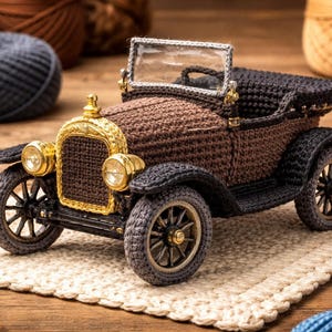 May include: A handcrafted crochet vintage car in brown and black, with gold-colored accents on the front. The car sits on a cream-colored crocheted mat, with yarn and craft supplies in the background.