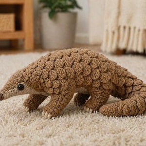 Può includere: Un peluche di pangolino marrone fatto a mano all'uncinetto con squame dettagliate, piccoli occhi neri e una lunga coda. Il peluche è appoggiato su un tappeto color crema, mostrando l'intricata lavorazione artigianale.