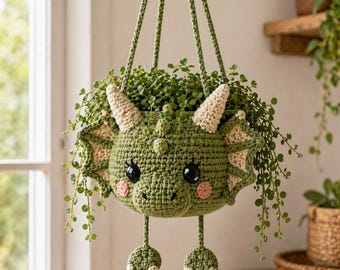 Gehaakte drakenplanter pdf-patroon, amigurumi plantenhouder tutorial, schattige fantasie kinderkamer muurmand, handgemaakt woondecoratie
