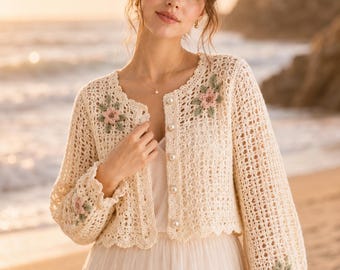 Bridal Lace Crochet Cardigan Pattern PDF, Beach Bolero, Floral Applique Jacket, Boho Wedding Cover-Up