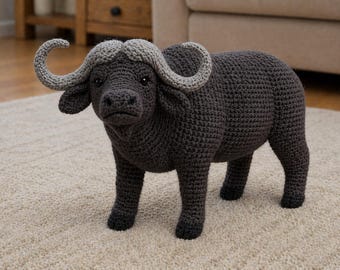 Buffalo amigurumi pdf-tutorial, bizon knuffel gehaakt ontwerp, Highland Bull boerderijdier, decor safari kinderkamer