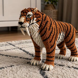 Realistiskt virkmönster för sabeltandstiger i PDF-format, amigurumi för stor katt, handledning för förhistoriskt djurplysch