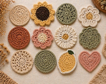 Paquete de 12 patrones de posavasos de ganchillo, posavasos floral de margaritas, corazones y limones en formato PDF, conjunto de decoración bohemia para el hogar.