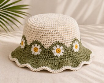 Patrón de ganchillo en PDF para sombrero tipo cubo con margaritas, tutorial para sombrero de sol floral de verano, accesorio de playa con ala festoneada