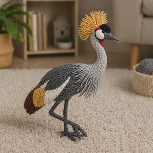 Könnte beinhalten: Handgefertigte gehäkelte Vogelfigur mit grauem Körper, gelb-schwarzer Krone und rotem und weißem Hals. Der Vogel hat einen langen Hals und steht auf zwei dünnen Beinen. Die Schwanzfedern sind braun, gelb und weiß.