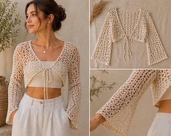 Patrón de bolero de ganchillo en PDF, tutorial de bolero de encaje, prenda de playa nupcial estilo boho (descarga digital)
