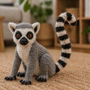 Virkmönster för ringstjärtade lemurer i PDF-format, handledning för amigurumi i realistiskt djurliv, design av plyschleksak för safaridjur