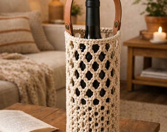 Patrón de soporte para botella de vino a crochet, bolsa para botella estilo boho en PDF, portabotellas estilo macramé, bolsa de regalo con asa de cuero.