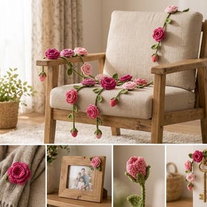 May include: A crocheted rose garland in shades of pink and green drapes over a wooden armchair. The garland features multiple crochet roses and buds. Additional images show a rose pin, a rose on a picture frame, and a single crochet rose.