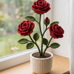 Puede incluir: Una planta de rosas de ganchillo en una maceta blanca. La planta presenta tres rosas rojas, hojas verdes y un capullo. La maceta es de color beige claro y está colocada en un alféizar de madera.