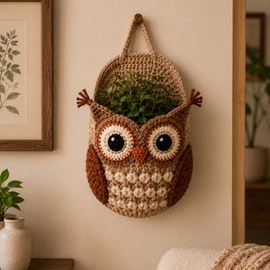 Op de afbeelding: Een handgemaakte, gehaakte uilvormige wandplanter in bruin, beige en wit. De uil heeft grote zwarte ogen en is gevuld met groene planten. De planter hangt aan een muur en voegt een vleugje natuurlijke decoratie toe.