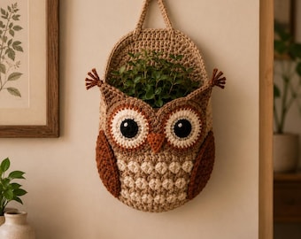 Haakpatroon uil plantenhanger, boho muurplanter pdf, decoratie binnenkwekerij, rustiek huiscadeau