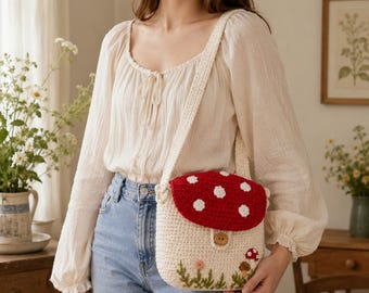 Sac bandoulière champignon au crochet, patron PDF, tutoriel sac à main Woodland champignon vénéneux, accessoire Cottagecore
