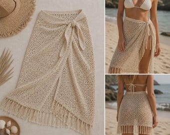 Patrón de pareo de ganchillo, falda playera en PDF, pareo bohemio, pareo de bikini con flecos de malla
