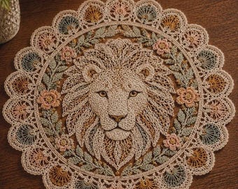 Patrón de tapete de ganchillo con diseño de león, mantel individual de encaje con motivos de fauna silvestre en formato PDF, decoración floral tipo mandala, centro de mesa elegante para el hogar.