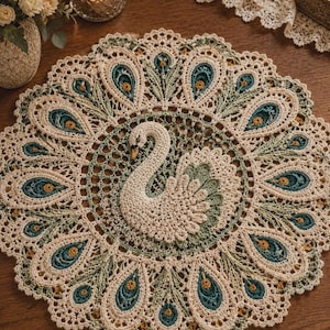 May include: A cream-colored, crocheted doily with a swan in the center and peacock feather designs around the edge. The doily features teal, green, and yellow accents, and is placed on a wooden surface.