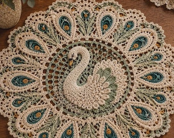 Patrón de ganchillo de tapete de cisne y pavo real, mantel individual de encaje en PDF, mantel individual vintage, decoración de centro de mesa redondo