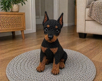 Dwergpinscher-haakpatroon pdf, minpin amigurumi-hond, realistische pluche dobermann puppy, zwartbruin gehaakt speelgoed