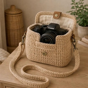 Könnte beinhalten: Beige gehäkelte Kameratasche mit einer Canon Kamera. Die Tasche hat einen Klappenverschluss mit braunem Lederakzent und einen langen, passenden Riemen. Die Tasche steht auf einer Holzoberfläche.