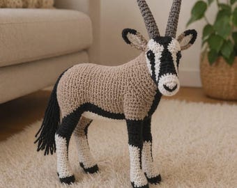 Tutorial en PDF de amigurumi de oryx, diseño realista de peluche de antílope, juguete de fauna salvaje de safari africano, ganchillo de gacela del desierto