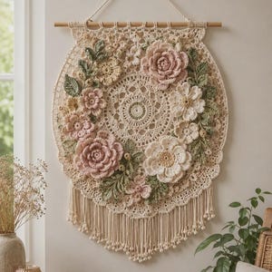 May include: A cream-colored, handcrafted crochet wall hanging featuring a floral design. The circular piece showcases a central doily pattern, surrounded by 3D crochet flowers in pink, cream, and yellow, with green leaves. The bottom has a fringe.