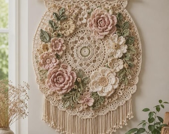 Patrón de tapiz floral de ganchillo para colgar en la pared, decoración bohemia de macramé en PDF, tapiz floral 3D, arte de pared hecho a mano para habitación infantil.