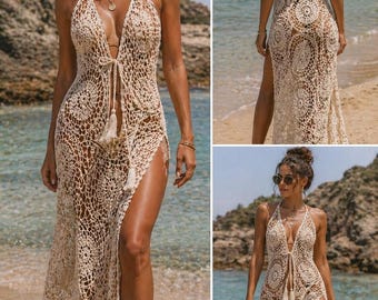 Patrón PDF de pareo de playa a crochet, vestido maxi de encaje estilo boho, pareo de verano para traje de baño, tutorial de ropa de resort.