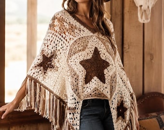 Modèle PDF de poncho au crochet, cape de cow-girl western, châle à franges étoilées, écharpe de fête bohème