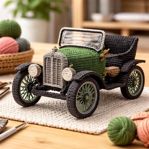 May include: A handcrafted crochet vintage car in shades of green, gray, and black. The car features detailed wheels, headlights, and a convertible top. The crochet work is intricate, showcasing the texture of the yarn. The car is displayed on a white, textured surface.