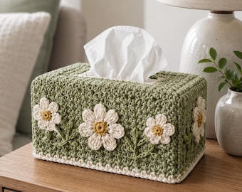 Patrón de funda para caja de pañuelos de ganchillo, soporte para flores de margarita en PDF, decoración para el hogar en verde salvia, organizador estilo cottagecore