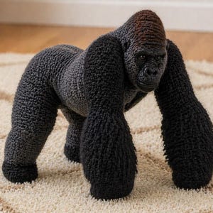 May include: A large, handmade crochet gorilla sculpture. The gorilla is primarily dark grey with black accents on the limbs and a brown head. It is posed on all fours on a light-coloured rug.