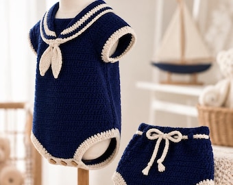Crochet Sailor Outfit Pattern PDF, Baby Romper and Bloomer Set, Nautical Newborn Clothing, Navy Infant Gift